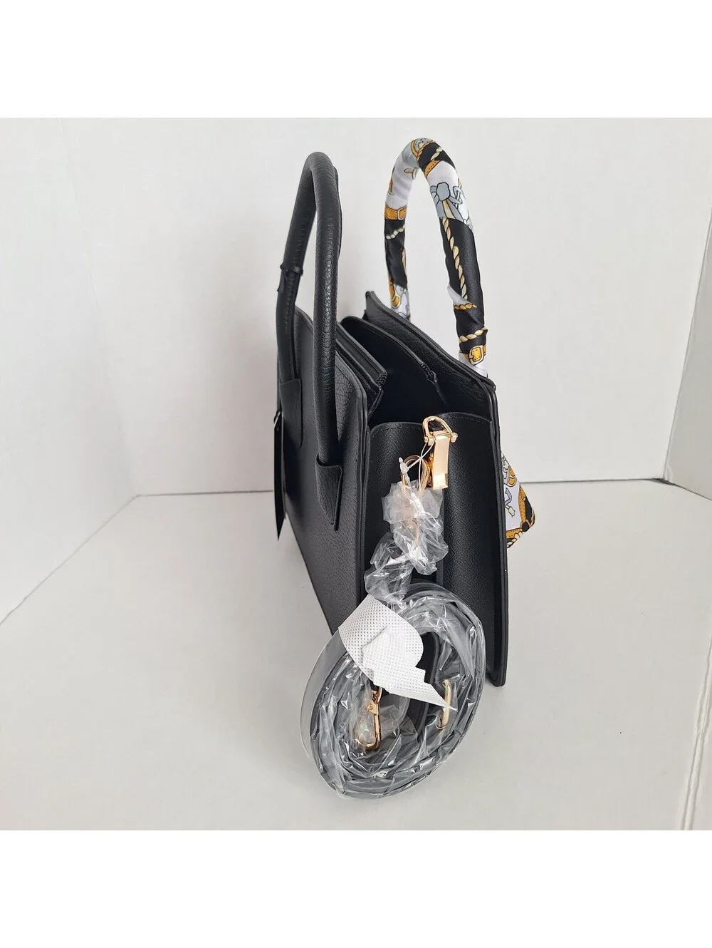 NWT La Terre Black Quilted Top Handle Crossbody Bag, Scarf, Zip, PETA Vegan